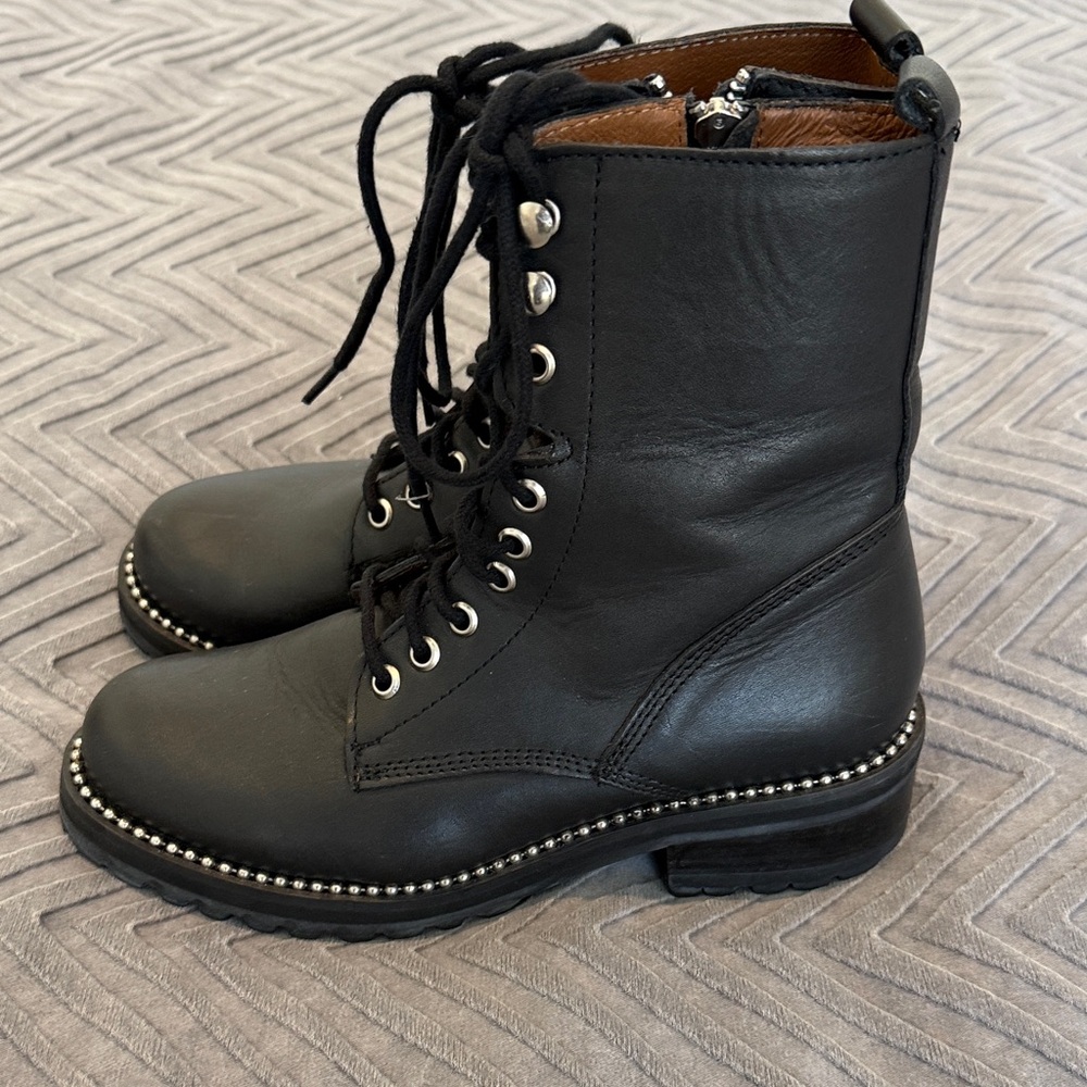 Aqua Black Leather Lace-Up Combat Boots - Picture 3 of 13